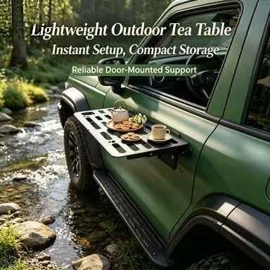Outdoor Adventure Table With Storage - ポータブルカードア吊り下げ式折りたたみテーブル 金属製キャンプ用サイドデスク 多機能収納棚 SUVトラックオフロードアドベンチャー用