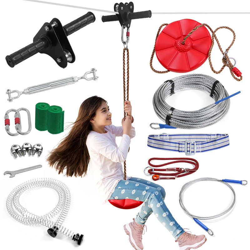 Outdoor Adventure Ziplines & Waterfall - 子供用ジップラインキット、ディスクスイングシート付き、裏庭遊び場用ジップラインケーブルセット、安全アクセサリー、屋外アドベンチャープレイ機器