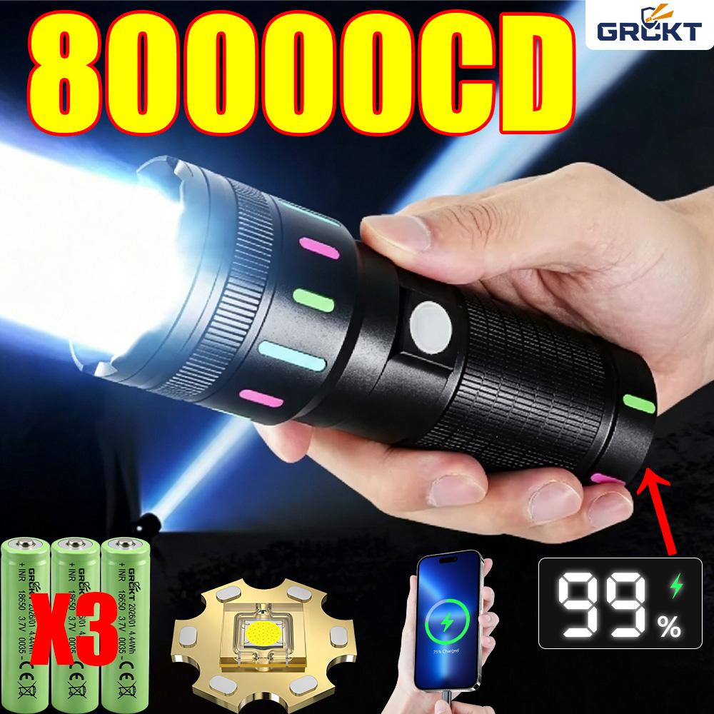 Outdoor Adventure Camp - 80000CD 最も強力なLED懐中電灯 ハイパワー戦術ハンティング懐中電灯 充電式トーチ アウトドア防水ランタンライトレーザーポインター 超強力