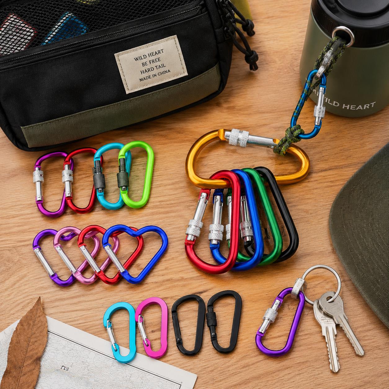 Carabiner Locking D - 6個入りカラビナパック – 5-8cm D型、ロック式、ハート型＆ワイヤーフック、ブラック/シルバー/ミックスカラー、キャンプ、バッグ、鍵、日常使用に最適 TMZ
