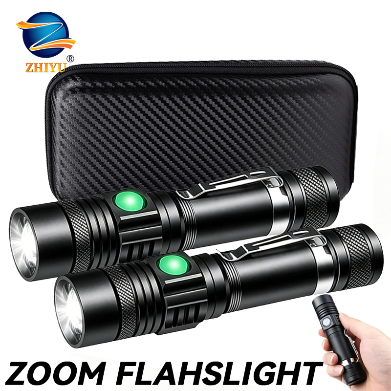 Outdoor Adventure Hunt - T6 LED 充電式懐中電灯、18650 ズーム可能なトーチ、キャップクランプ、ヘッドランプ、ペンクリップ、屋外キャンプ用ハンドヘルドワークライト