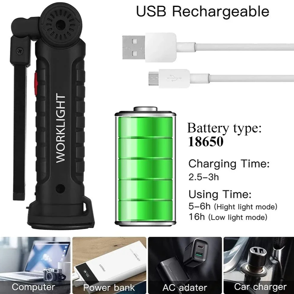 ポータブル COB LED 懐中電灯 USB 充電式ワークラ - Outdoor Adventurer のレビューと価格