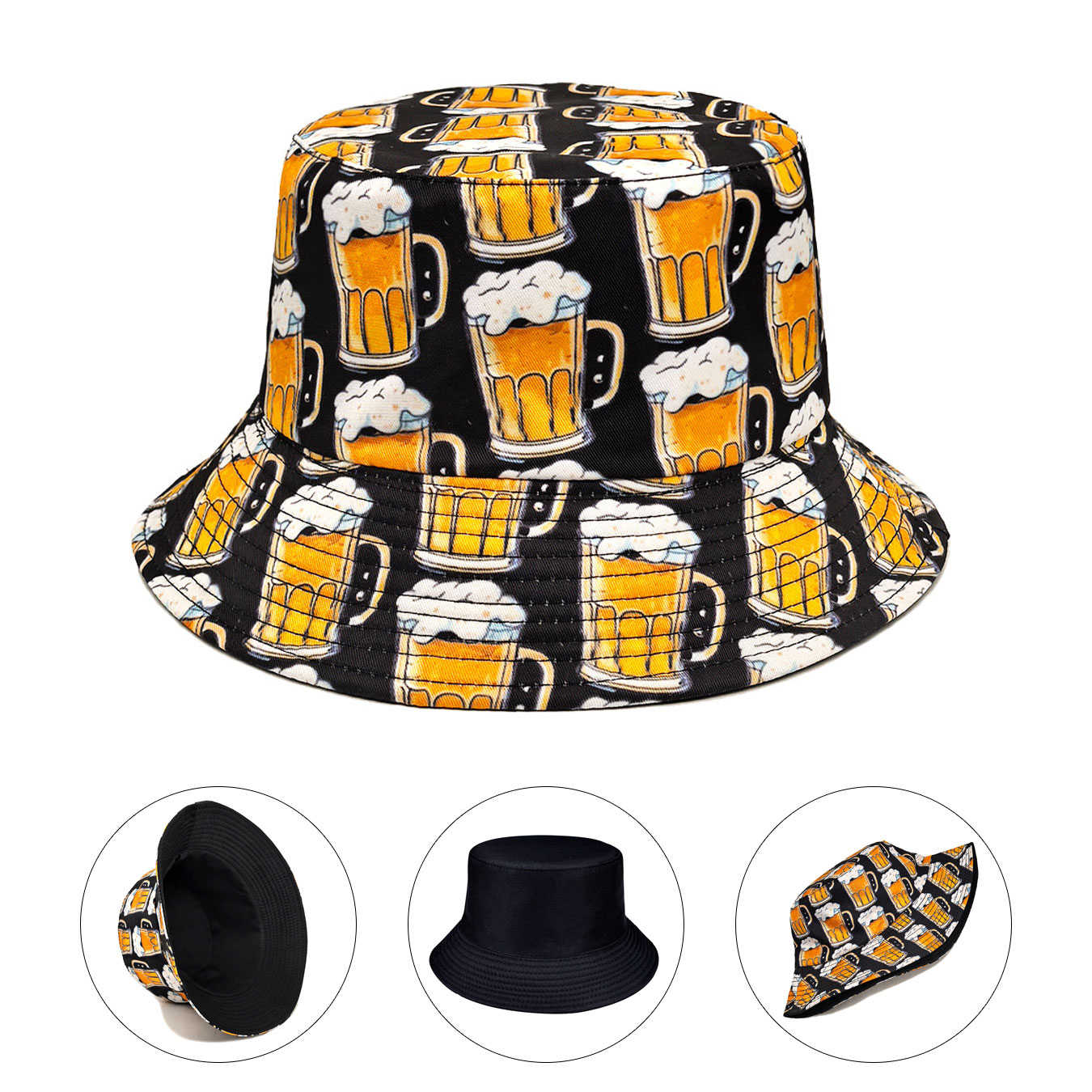 ファッショナブルなビールプリントの両面バケットハット、日焼け - Outdoor Adventure Activities のレビューと価格